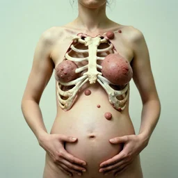 a woman with hands in her belly and nails on her head, a lump on her back and tumors on her skin, open thorax with bones, half cut, in the style of joel peter witkin, robert doisneau