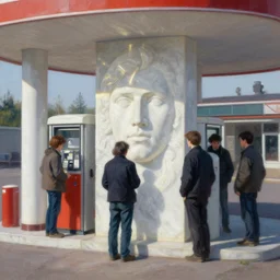 people made of white marble exterior gas station, portrait face, caustics, light rays, in the style of matt murphy, enes dirig, jeremy enecio, intricate, miles johnston, monet, cynical realism, john william godward, painterly, yoshitaka amano, miles johnston, louise zhang, matt murphy, enes dirig, pekka halonen, finnish naturalism, realism