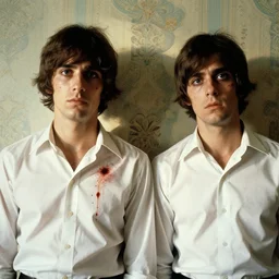 two handsome but sinister men wearing oxford shirts in layers of fear, with haunted eyes, 1 9 7 0 s, seventies, wallpaper, a little blood, morning light showing injuries, delicate embellishments, painterly, offset printing technique, by brom, robert henri, walter popp