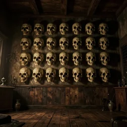 creepy cinematic low angle shot of a realistically rendered rustic room and a wall of skulls, matte painting, illustration, dramatic lighting, moody lighting, dark colors, golden ratio, rule of thirds, environmental design, cinematic perspective, 8 k, realistic lighting, realistic shading, octane render, in the style of lawrence g paull production design