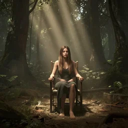 interior of marina abramovic sitting in a chair in a forest, unreal engine, lightrays, atmospheric, dusty, videogame screenshot