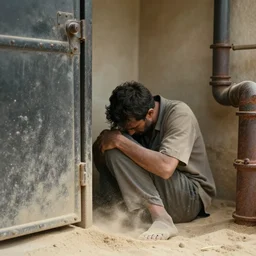 close - up of a man is huddled in the corner of a sandy room, a heavy metal door and rusty pipes, sand and smoke are falling, blurred, faded, depth of field, sunny, ultra realistic, very detailed, by nadav kander, 8 k hyper realistic detailed cinematic still