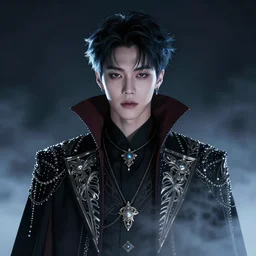 park jimin as a vampire. wearing intricate styled outfit, semi realism, anime realism, symmetrical face, slim face, distinctive features, appealing, photorealism, uhd, amazing depth, glowing, wlop sakimichan, greg rutowski, volumetric lighting, dramatic lighting, foggy, artstation concept art