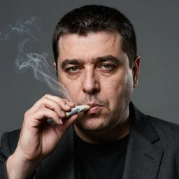 A portrait of borat sagdiyev smoking a rolled marijuana joint, 8k, professional photography