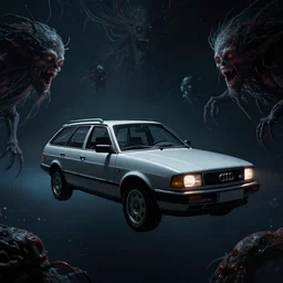 Audi 80 B3 Avant (1988) floating in the void, a horror sci-fi, star citizen, dramatic lighting, cinematic, off-world, space, zero gravity, eldritch horror creatures floating through space, lack of ground, dark, establishing shot, extremely high detail, photorealistic, cinematic lighting, artstation, by simon stalenhag