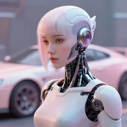 cyberpunk robot cyborg portrait art scifi car in the background by yossi kotler, soft lighting, beautiful, smooth, pastel colors