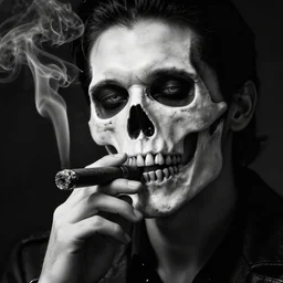 dreamy portrait of a cool male personification of death with glooming eyes, smoking a cigar, upper body visible, ultra realistic, black and white highly detailed, hd, sharp focus, cinematic lighting, mood lighting, realistic, photorealistic, vivid colors, photograph, digital art, non blurry, sharp, artstation, smooth, illustration
