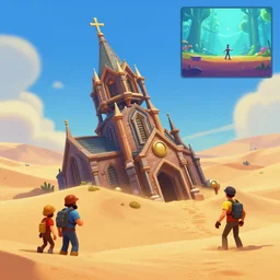 A mechanical cathedral sinking into sand dunes, Team Fortress 2 screenshot, outer wilds screenshot, digital art, artstationhq, by Charles Sheeler and Jordan Grimmer and Victor Mosquera