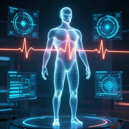 human performance, wireframe human, heartbeat, glowing wireframe, future scifi scene, biometric dials and displays in background n 4