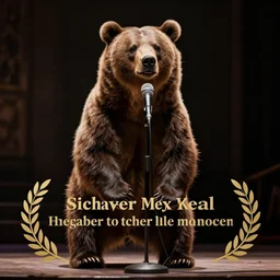 An old photo of a bear on a stage talking into a microphone