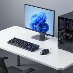 a modern desk with gaming pc and gaming mouse and gaming keyboard, hyper realistic concept art, colorful, retro style