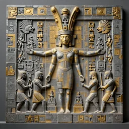 bas - relief wall tiles side view aztec inca hundreds of warriors colossus full body well proportioned pacing to cliffs by eddie mendoza hyperrealism expressive eyes cyborgess symmetrical very very detailed giger beksinski grey and gold