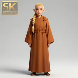 tall female half elf with short ears, long blond single braided hair, almond shaped dark brown eyes with long lashes, big forehead with a round tapered face, sharp nose with rounded edges, full lips, monk clothes, full body illustration, character art, character design, 4 k, 8 k, unreal render