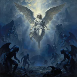an angel descending!!! into the blue hell!!!!, low ultrawide shot, dark blue demons, mountains, abyss, stylized, detailed gouache paintings, fujifilm, crepuscular rays, murky, foggy, atmospheric, nicola samori, albert bierstadt, frederic edwin church, beksinski, wayne barlowe's inferno