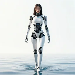 beautiful centered fine art photo portrait of hoyeon jung as a solarpunk robotic humanoid treading above water, white mechanical parts with led lights, ultra - realistic and detailed, white background, sun lighting, soft focus, slow exposure hdr 8 k