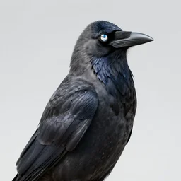portrait of a crow looking over his shoulder, body facing forward and head backwards towards the viewer, unreal engine 5 in the style of blade runner, highly detailed and crisp render of distressed feathers, eyes made out of reflective chrome like a mirror