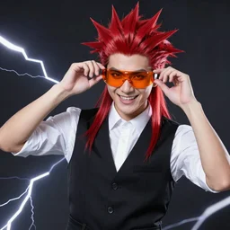 photorealistic young man with red spiked long hair, using orange googles. Wearing black waistcoat, white shirt. He is with a vicious smile in face. dynamic lightning.