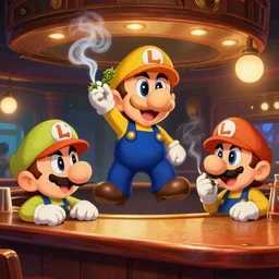 Waluigi hanging out with his boys at the bar, smoking weed