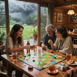 boardgame party, thunderstorm outside, summer, rainy, cozy cabin, blanket, tea, drinks, by herbert james harper, volumetric lighting, global illumination, smooth, concept art, sharp, 4 k, highly detailed