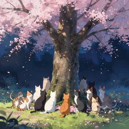 multiple cats behind a beautiful tree full of falling petals, night setting. realistic shaded lighting poster by ilya kuvshinov katsuhiro, magali villeneuve, artgerm, jeremy lipkin and michael garmash, rob rey and kentaro miura style, trending on art station