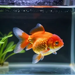 extremely obese beautiful colorful goldfish in an aquarium, photography