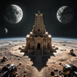 when a shadow is forced into the light, ancient temple on a alien planet with 3 moons, post apocalyptic machine war, dramatic, cinematic, high contrast, cgsociety, artstation, 4k
