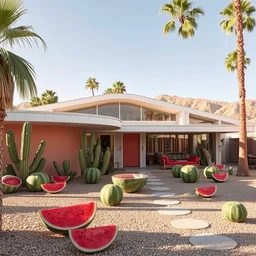 a mid - century modern style house in palm springs. every part of the house is made out of fresh watermelon.