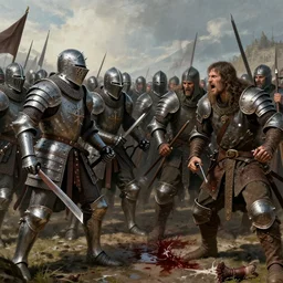 A medieval battle between two armies of warriors. The first army on the left is dressed in detailed elaborate spiked armor. The second army on the right is dressed in berserk armor. The sky is visible. Puddles and splashes of blood, severed limbs, anger on faces. Extremely high detail, realistic, medieval fantasy art, masterpiece, art by Zdzisław Beksiński, Boris Vallejo