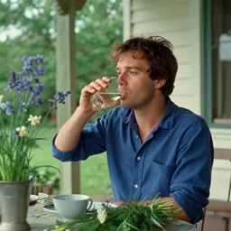 a scene from a movie adaptation of raymond queneau's the blue flowers ( 1 9 7 6 ) shot on 3 5 mm film, where cindrolin is drinking essence of fennel on his porch