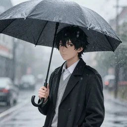 realistic anime digital art, holding an umbrella in the rain