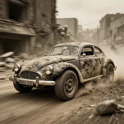 street photography by fred herzog, award winning photo of an ultra detailed intricate dirty vintage ford car speeding very fast on dirt, in an apocalyptic city, sepia, fast shutter speed, motion blur, tiny gaussian blur, highly detailed, highly intricate, depth of field, trending on top gear