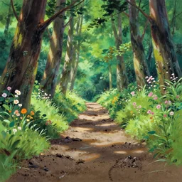 deep muddy forest on a sunny day walkway panorama, blooming, gouache painting by disney studio, pixar and kyoto animation