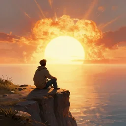 a man sitting on a cliff watching the sun explode, painting, digital art, harsh lighting, 4 k hd wallpaper, trending on art station, art by greg rutkowski and andreas rocha, 8 k