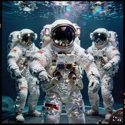 astronauts in the empty underwater void - complex and hyperdetailed technical suit. reflection and dispersion materials. glowing lights. volumetric light. ultra wide lens f / 3 2. noise film photo. flash photography. ultra realistic, holographic anaglyph materials, poster by wayne barlowe, mike winkelmann, craig mullins