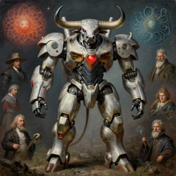 highly detailed painting of a robotic humanoid bull mecha, painting by gaston bussiere, craig mullins, j. c. leyendecker, lights, art by ernst haeckel, john william godward, hammershøi, alex grey, dmt, symmetric, masterpiece details, hyper - detailed, hd, hdr, 4 k, 8 k