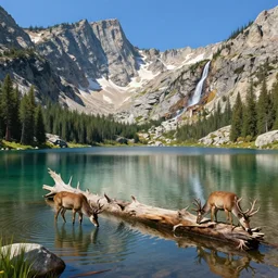 mountain lake in sierra nevada, mountain with a waterfall in the background, deers drinking water in the lake, old fallen tree half - submerged into the lake, illustration, epic, fantasy, intricate, hyper detailed, artstation, concept art, smooth, sharp focus, ray tracing, vibrant, photorealistic, jessica rossier, albert bierstadt