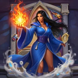 Who : a mage with a blue robe casting a fire ball; Body : Kim Kardashian body ; Head : Disney random face and hair ; IMPORTANT : Hearthstone official splash art, award winning, trending in category \'hyperdetailed\'