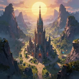 eerie but beautiful ancient dream city Kilion lay between tall obsidian dark mountains, basked in the warm light of the sun, bird\'s eye view, fantasy art, colorful, main cathedral to forgotten kind gods towering over lazy streets, cinematic lighting, enchanted, heroic history, award winning digital art by Bruce Pennington