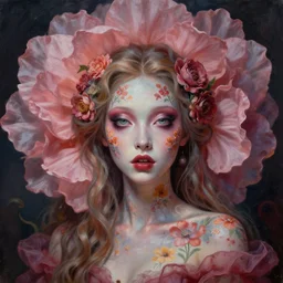 A very detailed horrifying portrait painting of the flower princess, floral patterned skin, 8k, trending on artstation cgsociety, masterpiece, in the style of DiscoDiffusion.