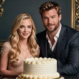 emily blunt & chris hemsworth with a birthday cake, elegant, real life skin, intricate, high detailed, artstation, concept art, smooth, sharp focus, art by artgerm and greg rutkowski