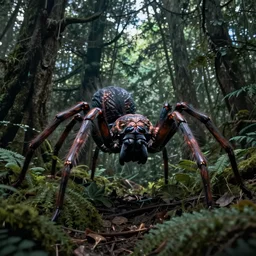huge spider monster in a dense forest, creeping from behind, dark fantasy, 4k, highly detailed, wallpaper, trending on ArtStation, prints available