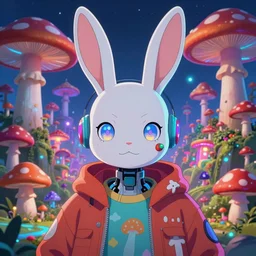 anime 4 k headshot portrait of a psychedelic cybernetic bunny with mushroom themed clothes, magic mushroom village in background by jeff easley, vibrant colors, award winning, stylized neon, post - processing, masterpiece, superb resolution. in the art style of junji ito and greg rutkowski. detailed mushroom city in background. hyper realistic anime. perfect art. dalle 2