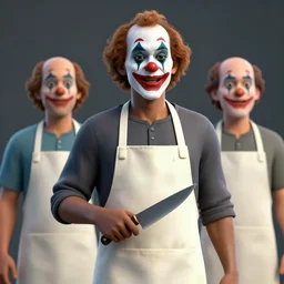 3 d rendered model of bill cosby in clown makeup with a knife wearing a butchers apron, raytracing, beautiful lighting. octane, artstation
