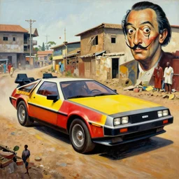 a red and yellow delorean in ajegunle slums of lagos - nigeria, painting by hsiao - ron cheng & salvador dali, magazine collage, masterpiece.