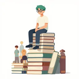 a young man with green hair and glasses sits on top of a tall pile of books. clean cel shaded vector art. shutterstock. behance hd by lois van baarle, artgerm, helen huang, by makoto shinkai and ilya kuvshinov, rossdraws, illustration, art by ilya kuvshinov