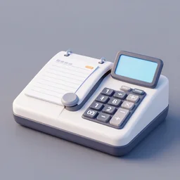 cash register with a calculator on the right and a notepad on the left, 3 d art, 2 d art, 2 d realistic