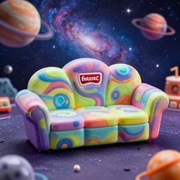 fisher price couch, perfect focus, psychedelic trippy couch in space, planets, milky way, sofa scene from tv show hyper detailed 5 5 mm 8 5 mm, toy photography, made out of plastic