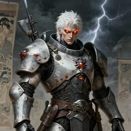 portrait of gothic and futuristic young man, warhammer, cyber armor, a lot of scars, thunderstorm, white head, fire eyes, the middle ages, highly detailed, artstation, in the style of moebius, jugendstil and classic japanese print, art by sydney mount and jean delville