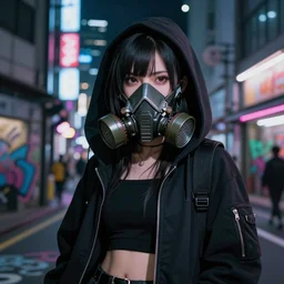 cyberpunk anime girl in hoodie, cyberpunk face mask, gas mask, 3 / 4 shot, street night, grafity, realistic face, beautiful face, grafity, arcane, action, tokyo street, detail, good face, pose model, concept art, in style of yoji shinkawa, pan ren wei, col price, atey ghailan, by greg rutkowski, aesthetic