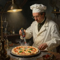 mad scientist cooking pizza with a blowtorch, steampunk painting